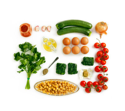 Food ingredients for omelet for healthy breakfast isolated on wh
