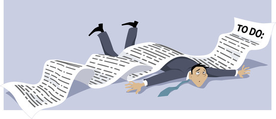 Businessman knocked down by a endless to-do list, EPS 8 vector illustration, no transparencies