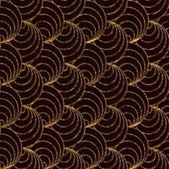 Seamless pattern based on japanese sashiko motifs. Golden color. Sashiko with fans. Abstract geometric backdrop. Circles. For decoration or printing on fabric.