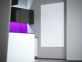 Blank white canvas on the wall in kitchen. 3d rendering