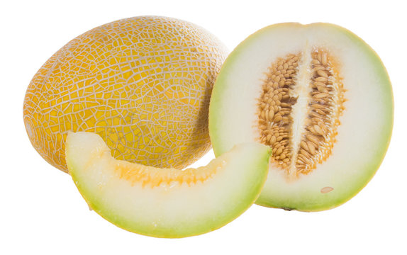 Ripe melon, melon and cut a piece of melon on a white background