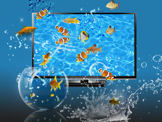 3d smart tv multimedia, Splash clown fish escaping and jumping from aquarium into a virtual screen tv	