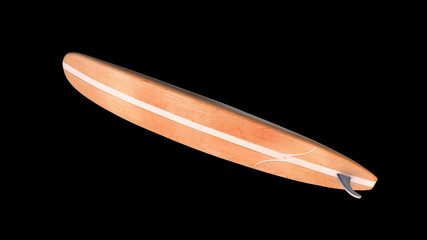 Classic wooden surfboard isolated on black background, bottom view
