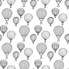 Hand-drawn illustrations. Black and white aerostats. Seamless pattern.