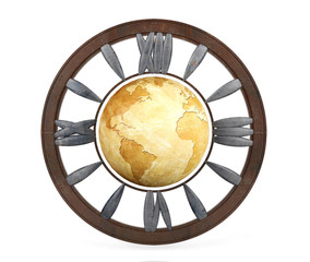 Vintage globe surrounded by roman numeral clock, world clock concept