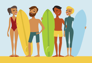 Fototapeta premium Young surfers flat vector characters