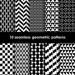 10 geometric black and white seamless patterns set