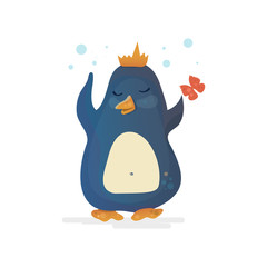 Valentine's Day Penguin. Penguin king  in the crown with butterfly. Romantic vector illustration. Can be used for books, cards, printing.