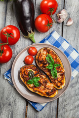 Baked eggplant with pieces of chicken