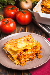 Piece of tasty hot lasagna on a plate