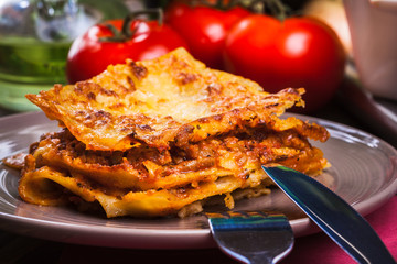 Piece of tasty hot lasagna on a plate