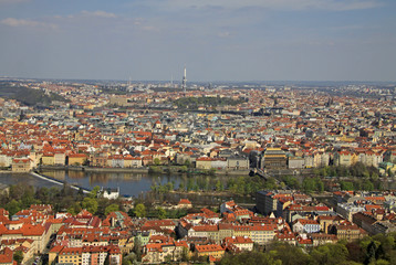 Fototapeta na wymiar PRAGUE, CZECH REPUBLIC - APRIL 24, 2013: The aerial view of Prague City from Petrin Hill. Prague, Czech Republic