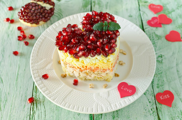 Layered salad from vegetables on the holiday table. Wedding day.