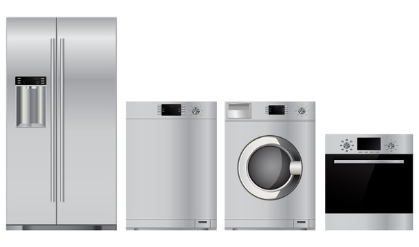 Home appliances. Set of household kitchen technics: electric Oven, Dishwasher, refrigerator, washing machine.