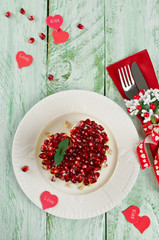 Layered salad from vegetables on the holiday table. Wedding day.