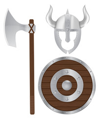 Viking helmet. Axe and wooden shield. 