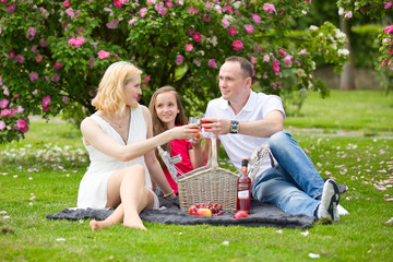 Young happy family having picnic outdoors