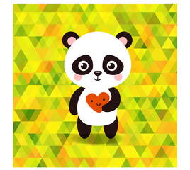 Vector cute little panda on triangles background. Vector illustration of a panda on a background of colored triangles.