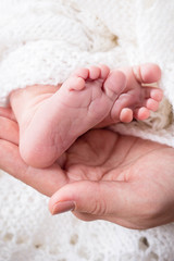 Mother's hand holds baby's feet