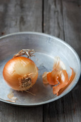 Fresh onion on a metallic plate