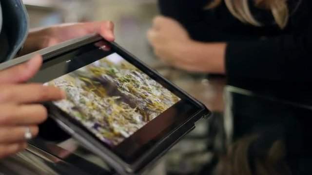 Close up of an associate at a recreational marijuana shop pointing to their product on a tablet