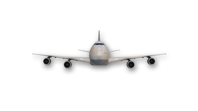 Commercial Jumbo Jet Plane Isolated On White Background, Front View