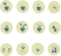 Icons of farming cultivation of seeds and plants. Blue label on a beige background, flat design, shadow, on white background, vector