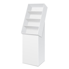 White POS POI Cardboard Floor Display Rack For Supermarket Blank Empty Displays With Shelves Products On White Background Isolated. Ready For Your Design. Product Packing. Vector EPS10 
