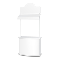 White POS POI Blank Empty Retail Stand Stall Bar Display With Roof, Canopy. On White Background Isolated. Mock Up Template Ready For Your Design. Product Packing Vector EPS10