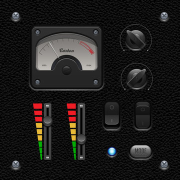 Leather UI Application Software Controls Set. Switch, Knobs, Button, Lamp, Volume, Equalizer, Voltmeter, Speedometr, Indicator, Detector, LED. Web Design Elements. Vector User Interface EPS10 