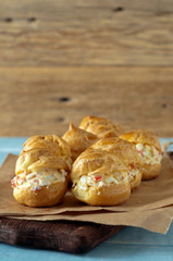 Profiteroles stuffed with crab meat and eggs