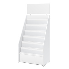 Tiered Literature Stand White POS POI Cardboard Floor Display Rack For Supermarket Blank Displays With Shelves. On White Background Isolated. Ready For Your Design. Product Packing. Vector EPS10