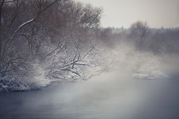 Misty winter river. Winter fog ober the river.