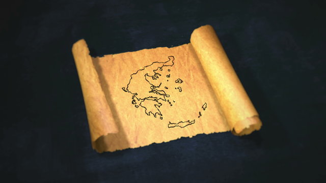Grecee Map Painting Unfolding Old Paper Scroll 3D 4K