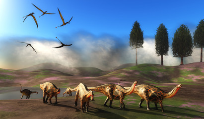 Dicraeosaurus Dinosaur Meadow - A flock of Rhamphorhynchus pterosaurs fly over a herd of Dicraeosaurus dinosaurs leaving a watering hole. © Catmando