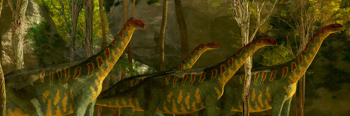 Jobaria Dinosaurs in Forest -A herd of Jobaria dinosaurs pass through a heavily wooded forest on a Jurassic prehistoric day.  © Catmando