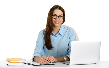 A beautiful woman working at the office, isolated on white