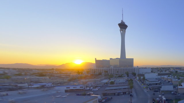 sped-up panning shot of the stratosphere tower in las vegas.