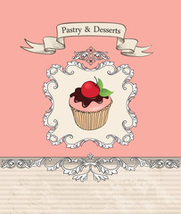 Vintage Cakes Bacground. Retro Bakery Label. Sweets and Desserts