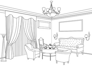 Interior outline sketch. Furniture home interior with armchairs. Architectural design
