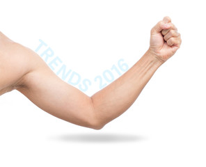 Man hand with TRENDS 2016 word isolated on white background