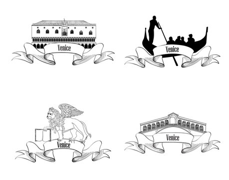 Venice symbol set. Gondola, Rialto Bridge, Doge palace, San Marco. Famous italian landmark. Italy City labels.