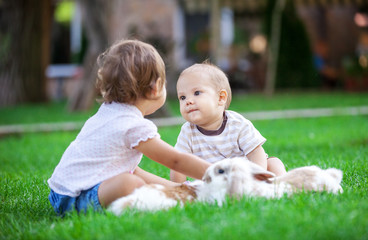 Baby boy and toddler girl playing with pet rabbits outdoors