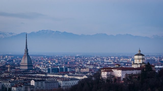 Turin (Torino) HD timelapse with Mole Antonelliana and Monte dei Cappuccini from sunset to twilight