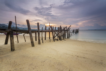 Jetty at Black Sand Beach Village in Langkawi Island, Malaysia.