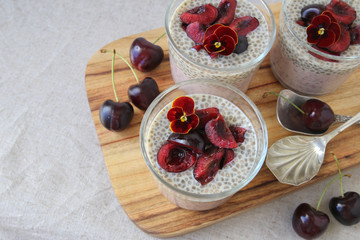 Chia seeds pudding with cherry, selective focus