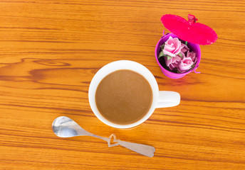 Cup of coffee on table, Top view