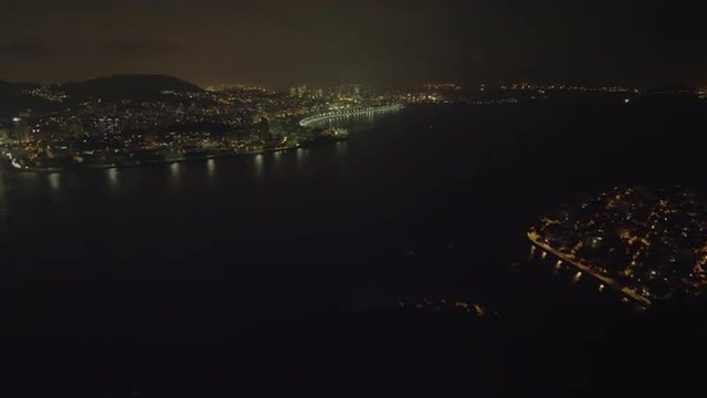 An aerial panoramic view of the skyline of Rio with it's mountains in the distance.