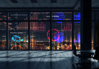 Office interior with graphs and diagrams