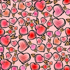 Valentines Day pink seamless pattern with scattered hearts